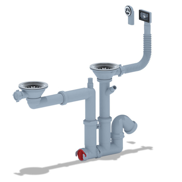 Сифон 40 мм. трубный АНИ "F серия" с 2-мя выпусками 3 1/2"*115 мм., с 2-мя отводами для стир.машины и гибким круглым и прямоугольным переливом (смещен