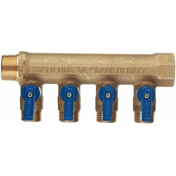 Коллектор с шаровыми кранами Tiemme 4 отвода 3/4x1/2"(16) (латунь) синие ручки (1820039)