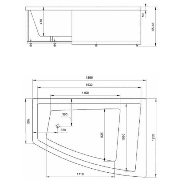 Ванна акриловая Акватек Оракул 180х125 R на каркасе, с фронтальным экраном, слив-перелив