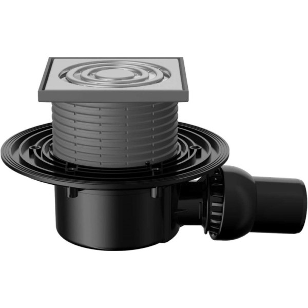 Трап регулируемый Fachmann T 520.0 SHsP 122x122 горизонтальный шарнирный выпуск DN50 с "мокрым" гидрозатвором, решетка нерж. сталь, пластиковый подрам