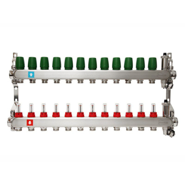 Коллекторная группа 12 отводов 1"х3/4" Arrowhead с расходомерами, дренажом и воздухоотводчиком нерж.сталь (CS-550-12)