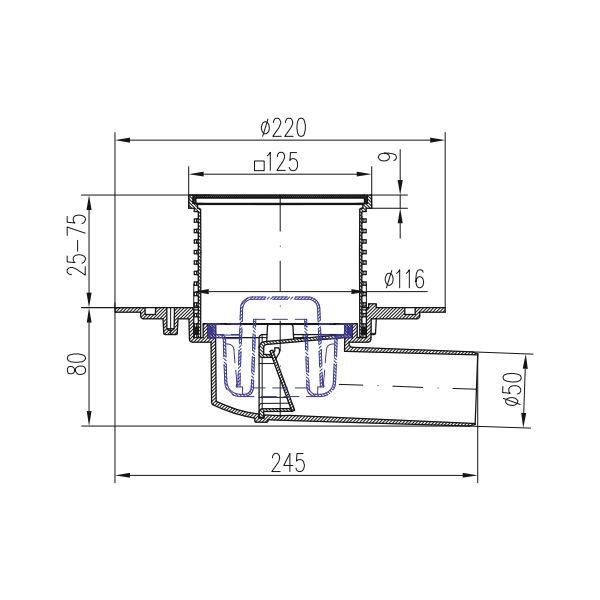 Трап MCH с боковым сливом универсальный DN50 решетка нерж. GATE 122х122 (г/з+с/з) черный
