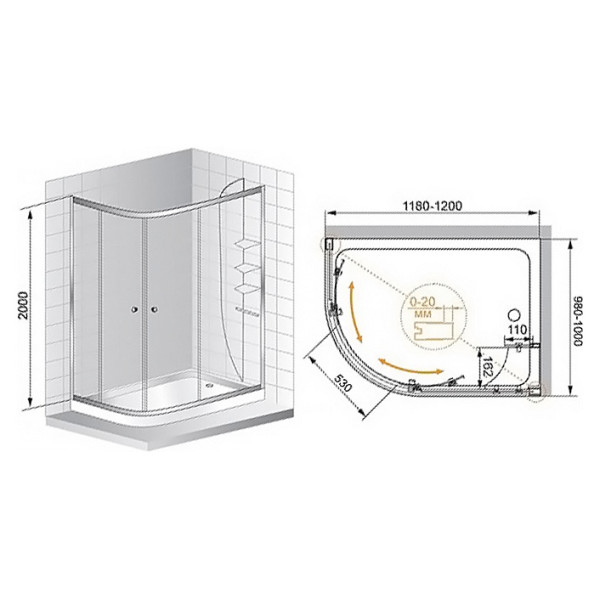 Душевой уголок Cezares Anima 120x100x200 стекло текстурное Punto (ANIMA-RH-2-120/100-P-Cr-R)