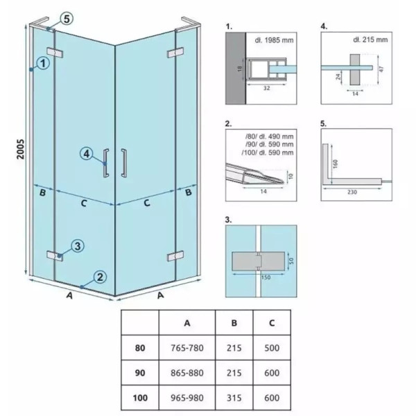 Душевой уголок Rea Hugo 90x90x200 стекло прозрачное, профиль золото матовое (REA-K6609)