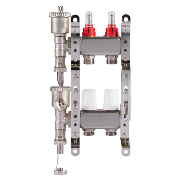 Коллекторная группа 2 отвода 1"*3/4"(18) ЕК с расходомерами Okseler (нерж.ст) с автоматическим воздухоотводчиком и спускным краном (Oks00340)