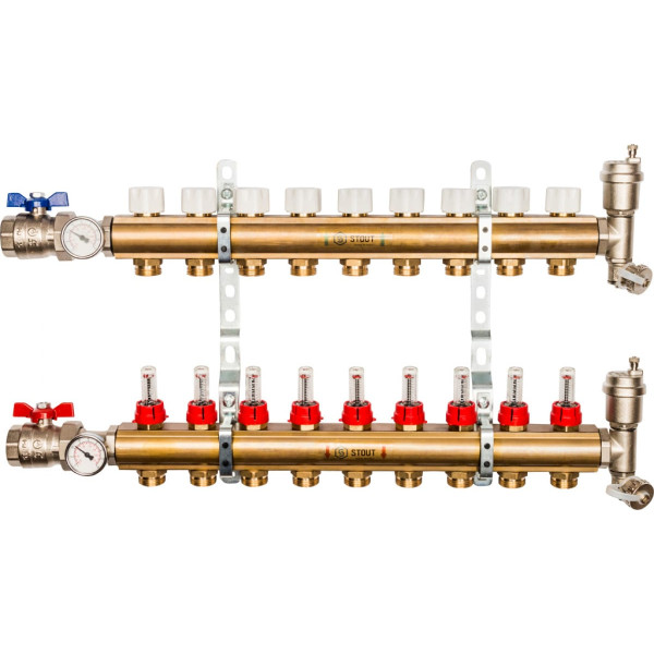 Коллекторная группа 9 отводов 1"x3/4"(18)EK в сборе с расходомерами Stout (латунь) (SMB-0473-000009)