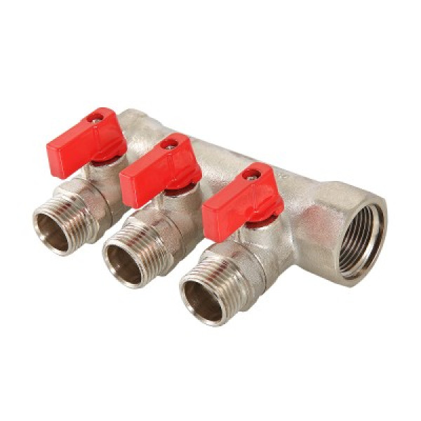 Коллектор 3 отв. с шар. клапанами 3/4*1/2" Valtec (никель) красные ручки (VTc.580.N.0503) Коллектор 3 отв. с шар. клапанами 3/4*1/2" Valtec (никель) красные ручки (VTc.580.N.0503)