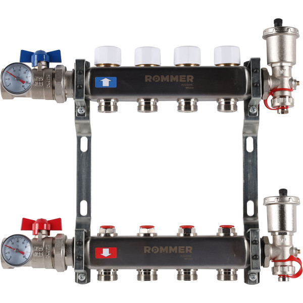 Коллекторная группа Rommer 4 отвода 1"x3/4" в сборе без расходомеров (нерж.сталь) (RMS-3210-000004)