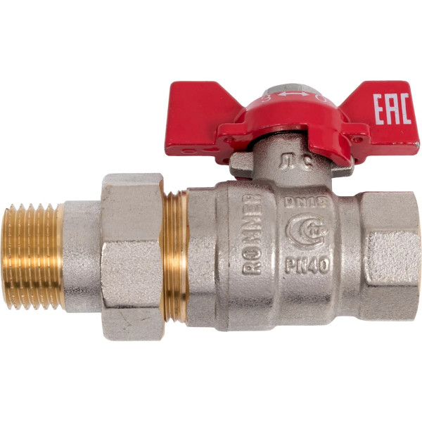 Кран 1/2" шаровый со сгоном Rommer (ГОСТ, красная бабочка) RBV-0005-2510215 Кран 1/2" шаровый со сгоном Rommer (ГОСТ, красная бабочка) RBV-0005-2510215