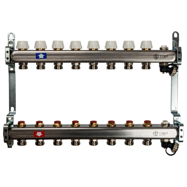 Коллекторная группа 8 отводов 1"x3/4"(18)EK без расходомеров, с клапаном вып. воздуха и сливом Stout (нерж.сталь) (SMS-0932-000008)