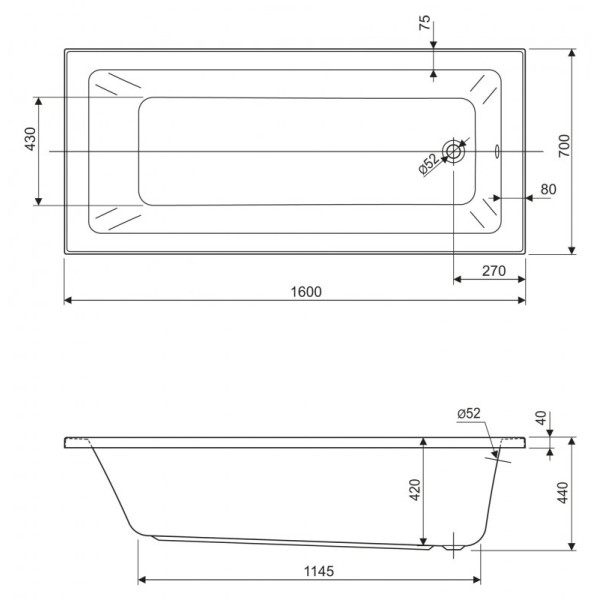 Ванна акриловая Cezares Plane Solo Mini 160x70x60 белый (PLANE SOLO MINI-160-70-42-W37)
