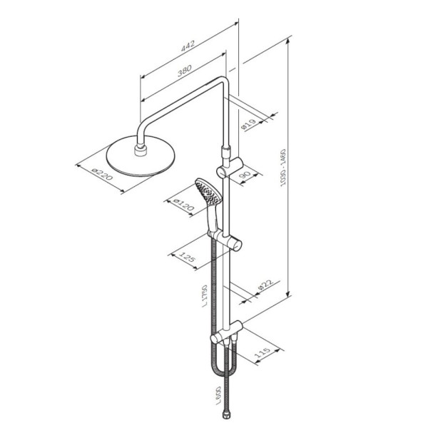 Душевая система AM.PM Like набор:верхн.душ d220 мм, ручн.душ 3ф-ции d 120 мм, душ.штанга 1030-1460 м (F0780022)