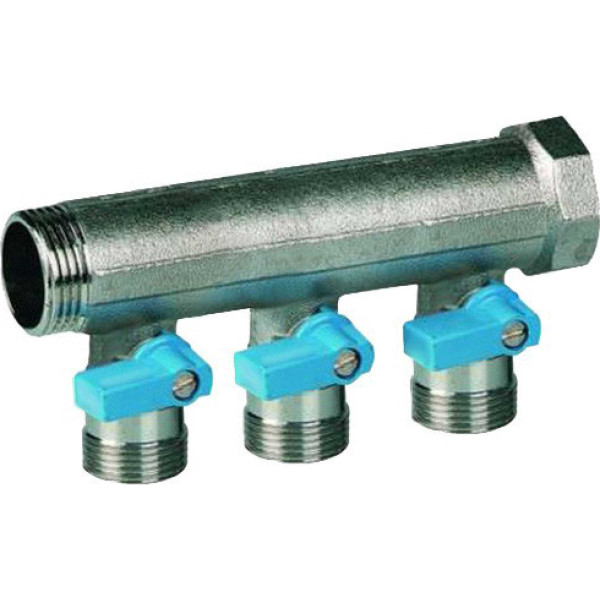 Коллектор 3 отв. с синими шаровыми кранами 1"х3/4"НР под евроконус, Henco синие ручки (VB060503-BLAUW)