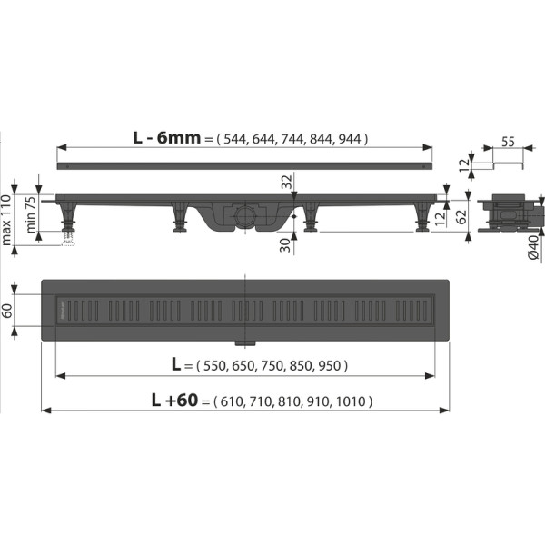 Лоток душевой AlcaPlast с порогами и решеткой из нерж. стали, черный-мат (APZ10BLACK-850M) Лоток душевой AlcaPlast с порогами и решеткой из нерж. стали, черный-мат (APZ10BLACK-850M)
