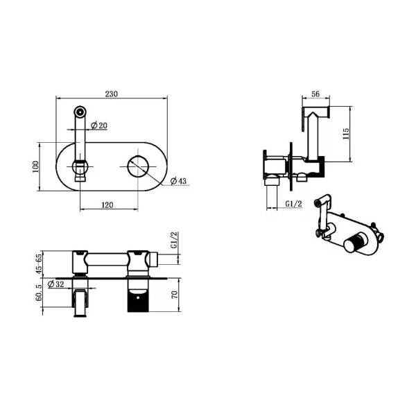Смеситель с гигиеническим душем Boheme Stick SGM (графит глянец) (127-SGM.2)