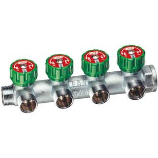 Коллектор проходной регулируемый FAR Multifar (3856 C1) 1" НР-ВР, 4 отвода М24х19 Коллектор проходной регулируемый FAR Multifar (3856 C1) 1" НР-ВР, 4 отвода М24х19