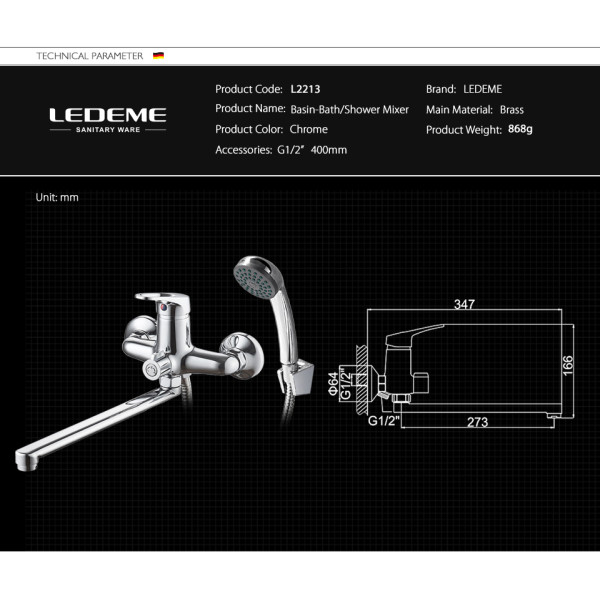 Смеситель для ванны и душа Ledeme с душевым гарнитуром (L2213)