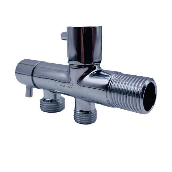 Кран угловой двойной Tiemme 1/2"x1/2"x3/8" НН хром, с чашкой (2950178) Кран угловой двойной Tiemme 1/2"x1/2"x3/8" НН хром, с чашкой (2950178)