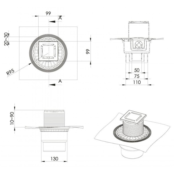 Трап Berges водосток Zentrum Norma 100х100, матовый хром, выпуск D50/75/110 H74 вертикальный (090462)