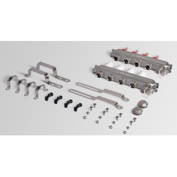 Коллекторная группа 4 отвода 1"*3/4"(18) ЕК с расходомерами Okseler (нерж.ст) с дренажным краном и краном Маевского (Oks00314)