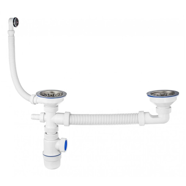 Сифон 40 мм. бутылочный VIR Элит с 2-мя выпусками 3 1/2"x115 мм., отводом для стир.машины и гибким круглым переливом разноуровневый Virplast (30975023