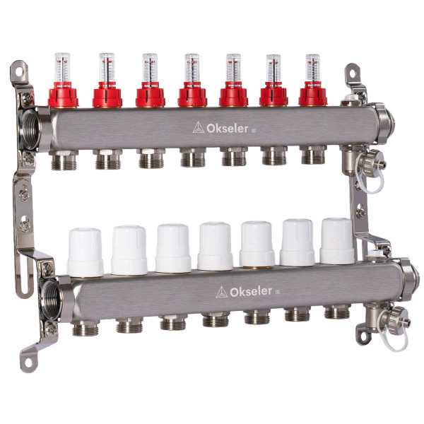 Коллекторная группа 7 отводов 1"*3/4"(18) ЕК с расходомерами Okseler (нерж.ст) с дренажным краном и краном Маевского (Oks00317)