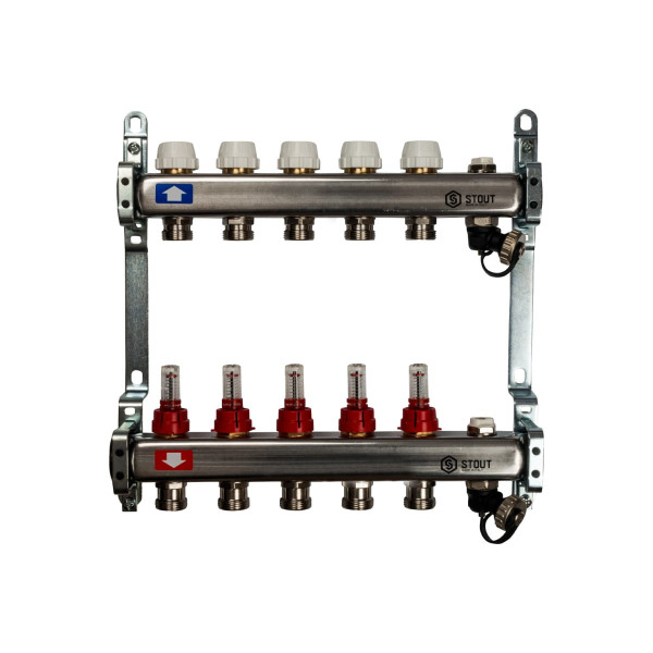 Коллекторная группа 5 отводов 1"x3/4"(18)EK с расходомерами, с клапаном вып. воздуха и сливом Stout (нерж.сталь) (SMS-0927-000005) Коллекторная группа 5 отводов 1"x3/4"(18)EK с расходомерами, с клапаном вып. воздуха и сливом Stout (нерж.сталь) (SMS-0927-000005)