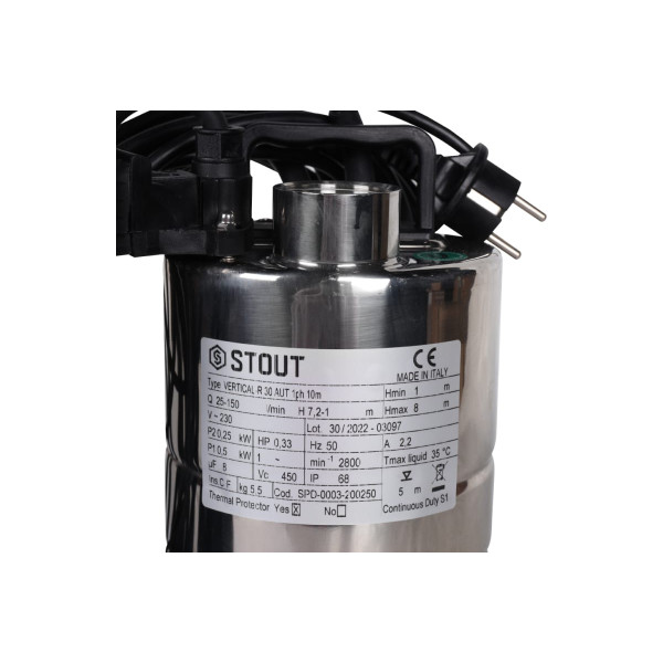 Насос дренажный Stout с вертикальным поплавком, кабель 10 м, 230V, Q=150 л/мин, H=8 м SPD-0003-200250 Насос дренажный Stout с вертикальным поплавком, кабель 10 м, 230V, Q=150 л/мин, H=8 м SPD-0003-200250