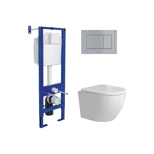 Комплект инсталляция с унитазом Berges Atom кнопка хром глянец, унитаз Okus Rimless 49 см, сиденье с soft-close (043395)