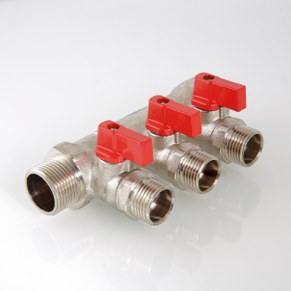 Коллектор 3 отв. с шар. клапанами 1"*1/2" Valtec (никель) красные ручки (VTc.580.N.0603) Коллектор 3 отв. с шар. клапанами 1"*1/2" Valtec (никель) красные ручки (VTc.580.N.0603)