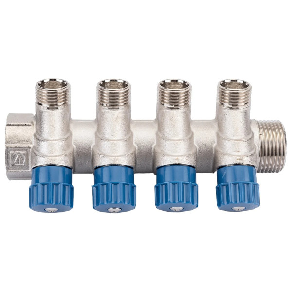 Коллектор 4 отв. регулируемый 1"*1/2"Н Valtec (никель, с комплектом ручек) (VTc.560.N.0604) Коллектор 4 отв. регулируемый 1"*1/2"Н Valtec (никель, с комплектом ручек) (VTc.560.N.0604)