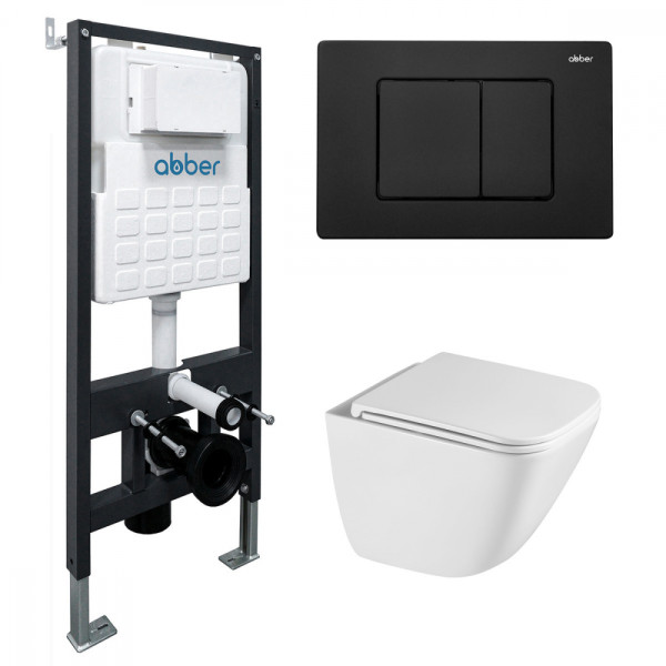 Комплект подвесной унитаз Abber Rechteck AC1220TC белый, с закрытым дном с инсталляцией AC0105 и кнопкой AC0120MB черный матовый (AC1220TC-AC0105-AC01