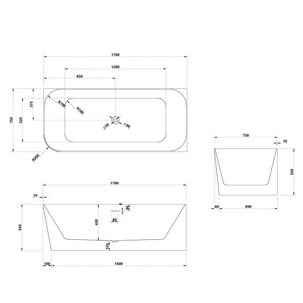 Ванна из искусственного камня Abber Stein 170x75x55 R белая матовая (AS9621-1.7 R)