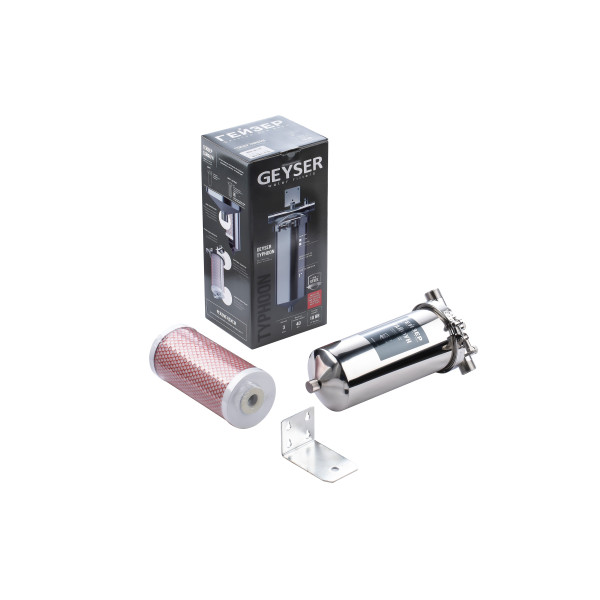 Фильтр колбовый Гейзер Тайфун 1" 10ВВ со сливом (нержавеющая сталь, с универсальным картриджем для холодной и горячей воды) (32066)