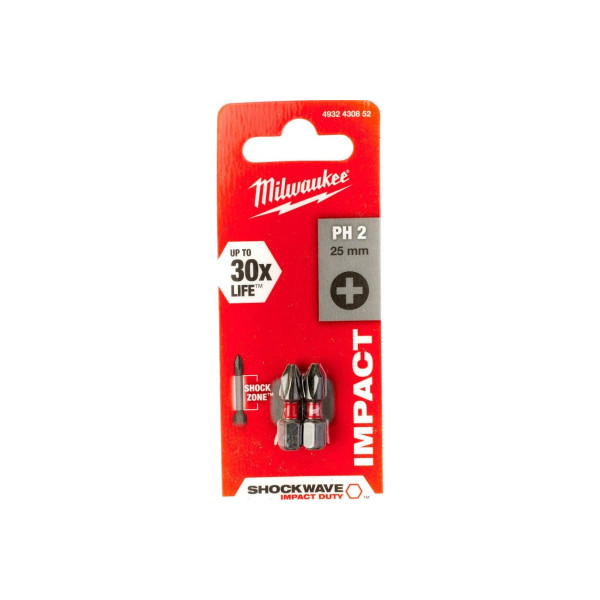 Бита PH2 25 мм (сталь, 2 шт) MILWAUKEE Shockwave (4932430852)