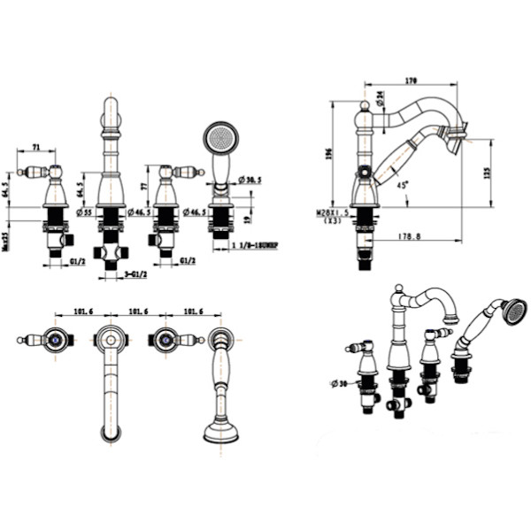 Смеситель на борт ванны Boheme с душевым гарнитуром хром (396) Смеситель на борт ванны Boheme с душевым гарнитуром хром (396)
