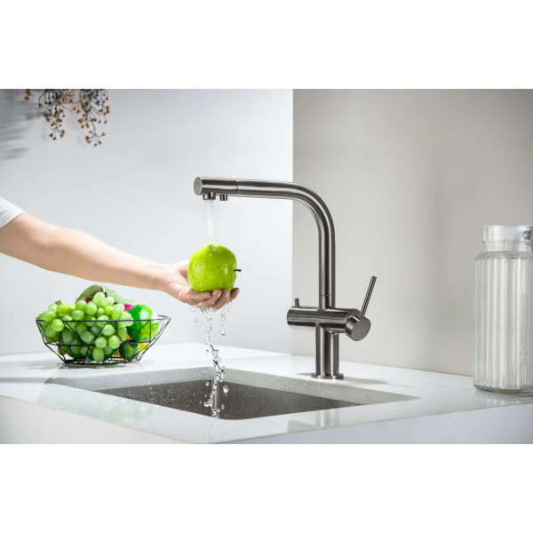 Смеситель для кухни Aquatek Европа с подключением к фильтру питьевой воды шлифованный черный хром (AQ1385BGM)