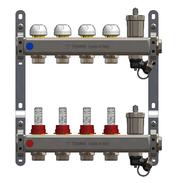Коллекторная группа Tiemme 4 отвода 1"-3/4" НР ЕК M30х1,5 мм. с расходомерами (нерж.ст) (3920130)