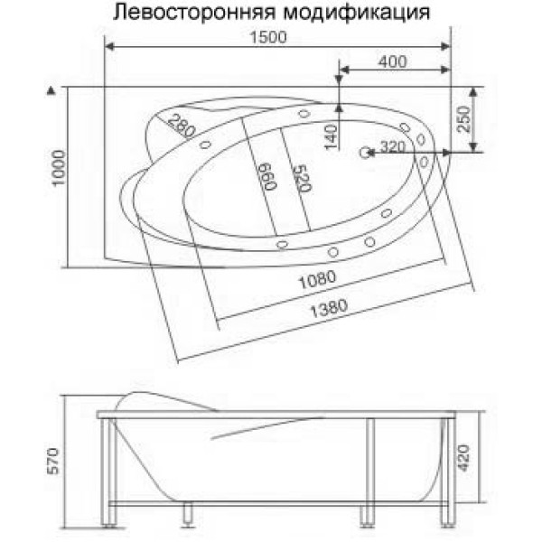 Ванна гидромассажная Bach Изабелла 150х100 L система 2 (гидромассаж 6 форсунок, многоцветная подсветка)