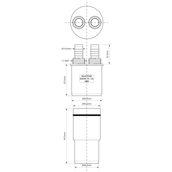 Адаптер McAlpine 40/50 с двумя штуцерами 14 мм. и резьбами 1/2" (WFH-CON4050)