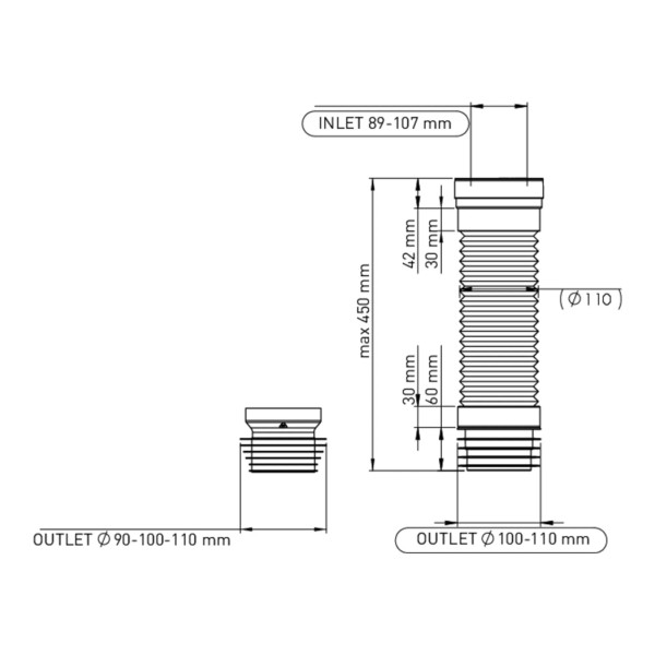 Отвод для унитаза гофрированный Nova 110 мм. с манжетой (L=300 мм.) (7013)