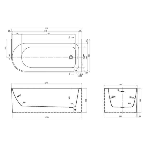 Ванна акриловая Azario Lution 170x80 правосторонняя (LUT17080 R)