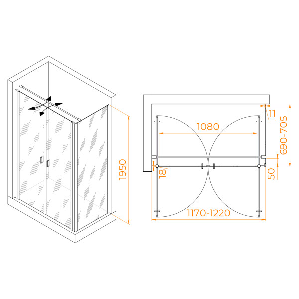 Душевой уголок RGW PA-144B (PA-104B+Z-050-2B+O-104B) 1200x700 стекло прозрачное, профиль черный (060814427-014)