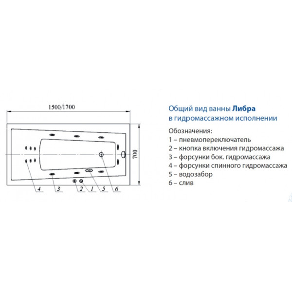 Ванна гидромассажная Акватек Либра 150х70 НМ (пневматика)