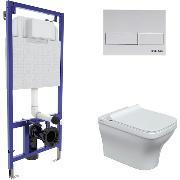 Комплект инсталляция с унитазом Berges Novum c с кнопкой L4 белая SoftTouch , унитаз Strati Rimless, сидение Strati Slim SO (042455)