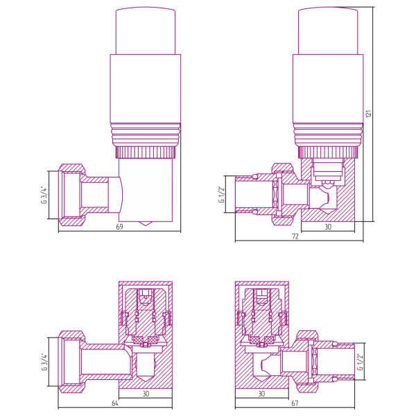 Автоматический терморегулятор Сунержа 3D правый 1/2"Нx3/4" накидная гайка набор (12-1422-6203)
