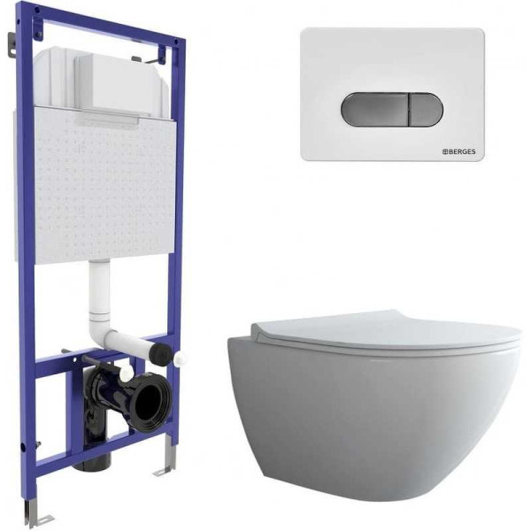 Комплект инсталляция с унитазом Berges NOVUM, кнопка D7, унитаз PUMA Rimless 51 см, сидение дюропласт Toma Slim SO (043270)