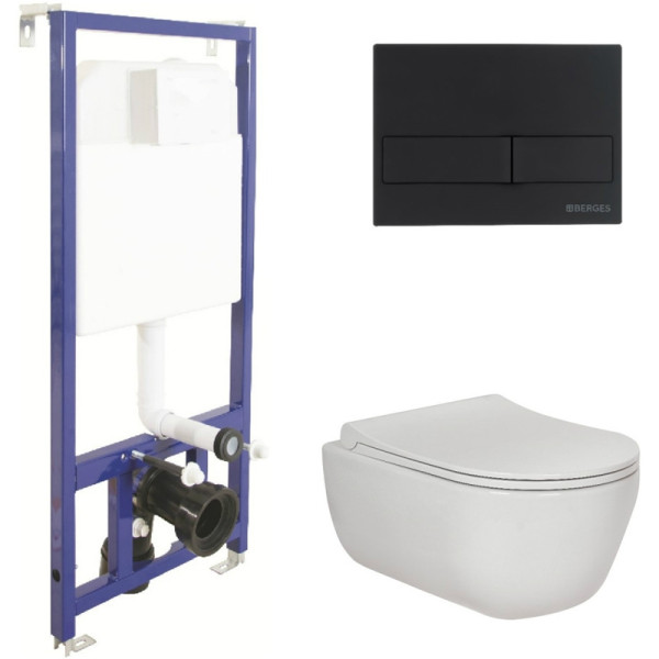 Комплект инсталляция с унитазом Berges Novum525 c с кнопкой L5 SoftTouch черная, унитаз EGO Rimless, сиденье Toma Slim SO (047215)