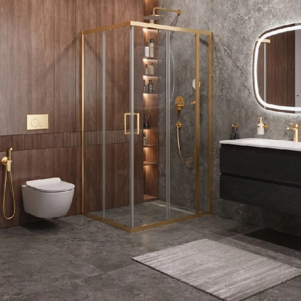 Душевой уголок Cezares Molveno 120x90x195 стекло прозрачное, профиль брашированное золото (MOLVENO-AH-21-90+30-C-BORO-IV)