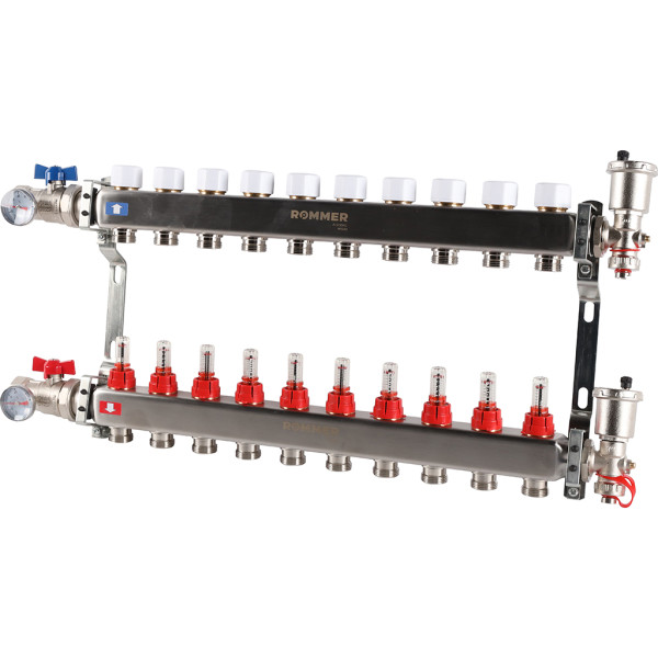 Коллекторная группа Rommer 10 отводов 1"x3/4" в сборе с расходомерами (нерж.сталь) (RMS-1210-000010)